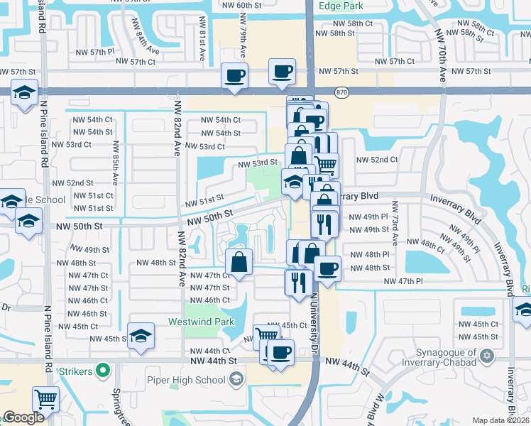 map of restaurants, bars, coffee shops, grocery stores, and more near 7730 Northwest 50th Street in Lauderhill