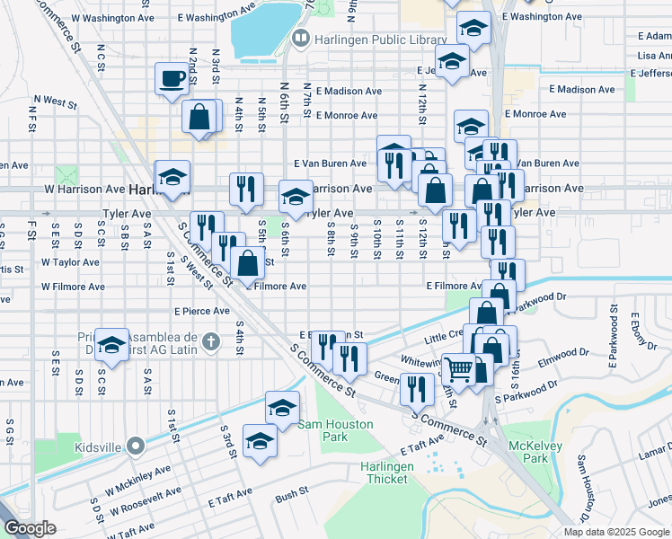 map of restaurants, bars, coffee shops, grocery stores, and more near 801 East Filmore Avenue in Harlingen