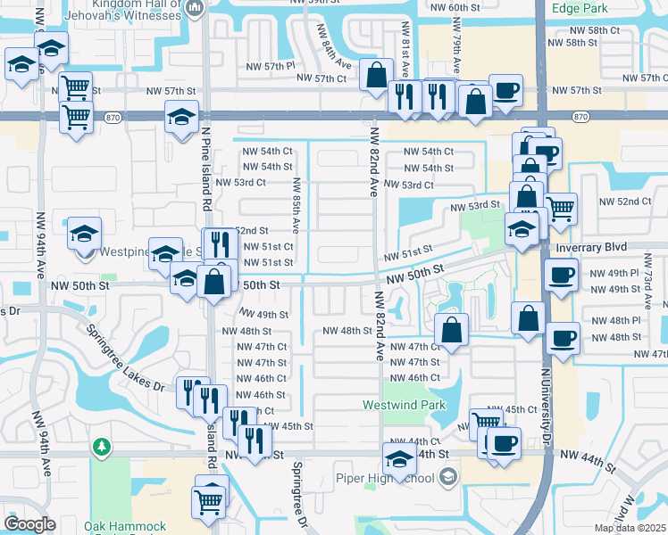 map of restaurants, bars, coffee shops, grocery stores, and more near 8320 Northwest 51st Street in Lauderhill