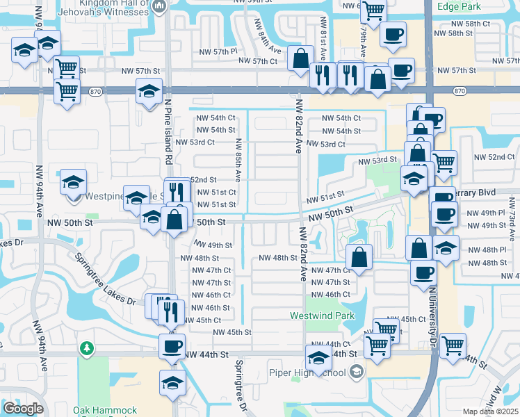 map of restaurants, bars, coffee shops, grocery stores, and more near 8320 Northwest 51st Street in Lauderhill