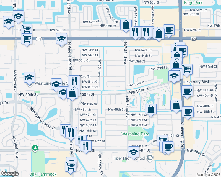 map of restaurants, bars, coffee shops, grocery stores, and more near 8320 Northwest 51st Street in Lauderhill