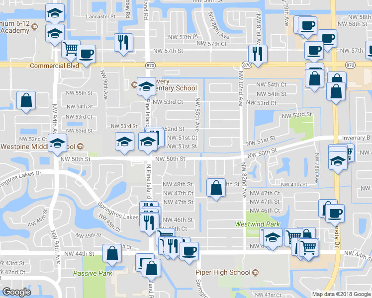map of restaurants, bars, coffee shops, grocery stores, and more near 8540 Northwest 51st Street in Lauderhill