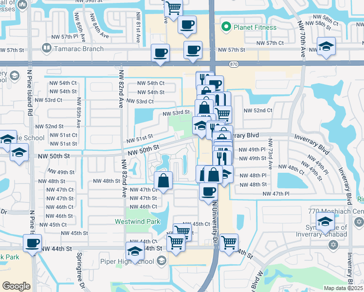 map of restaurants, bars, coffee shops, grocery stores, and more near 7730 Northwest 50th Street in Lauderhill