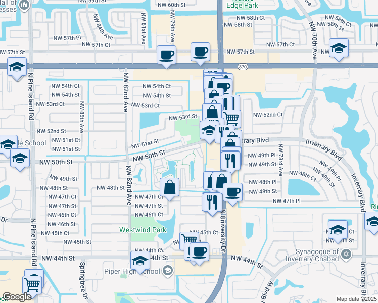 map of restaurants, bars, coffee shops, grocery stores, and more near 7730 Northwest 50th Street in Lauderhill