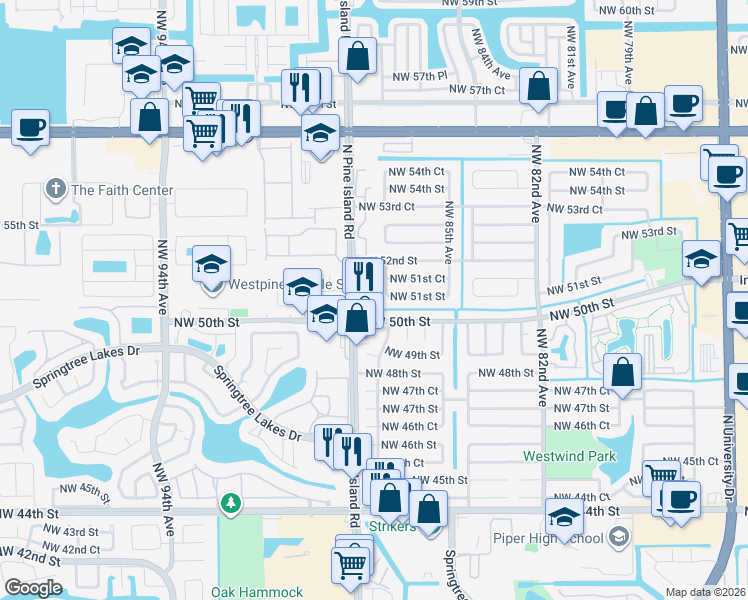 map of restaurants, bars, coffee shops, grocery stores, and more near 8640 Northwest 51st Street in Lauderhill