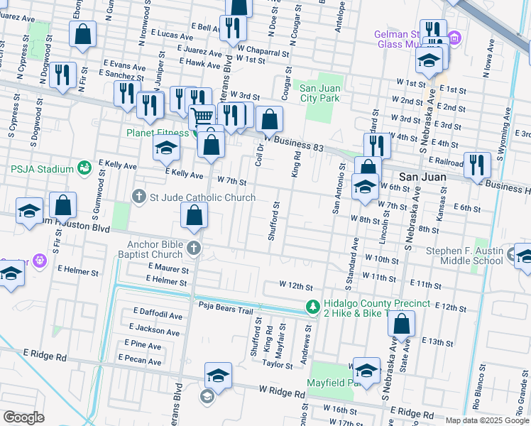 map of restaurants, bars, coffee shops, grocery stores, and more near 810 Shufford Street in San Juan