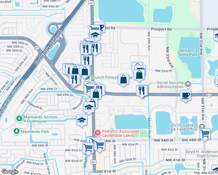 map of restaurants, bars, coffee shops, grocery stores, and more near 3873 West Commercial Boulevard in Tamarac