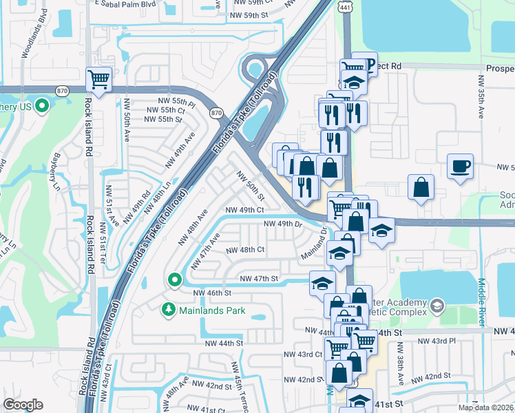 map of restaurants, bars, coffee shops, grocery stores, and more near Northwest 49th Drive in Tamarac