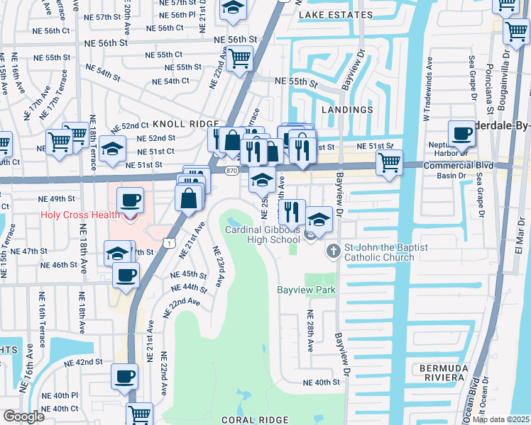map of restaurants, bars, coffee shops, grocery stores, and more near 4737 Northeast 25th Avenue in Fort Lauderdale