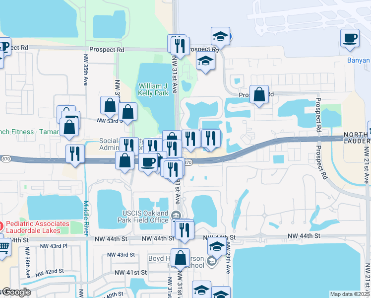 map of restaurants, bars, coffee shops, grocery stores, and more near 3095 West Commercial Boulevard in Fort Lauderdale