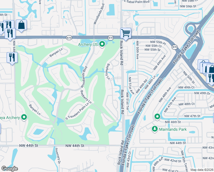 map of restaurants, bars, coffee shops, grocery stores, and more near 5001 Bayberry Lane in Tamarac