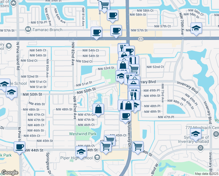 map of restaurants, bars, coffee shops, grocery stores, and more near 7730 Northwest 50th Street in Lauderhill
