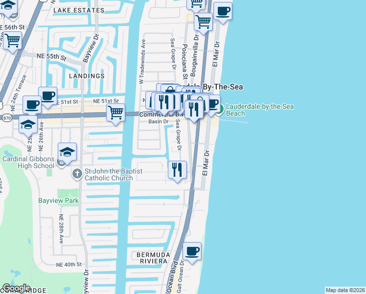 map of restaurants, bars, coffee shops, grocery stores, and more near 4238 Sea Grape Drive in Lauderdale-by-the-Sea