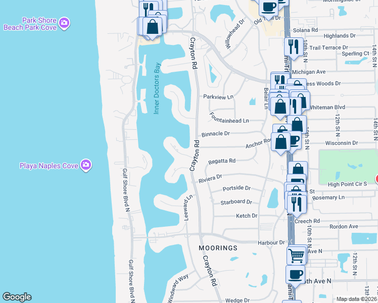 map of restaurants, bars, coffee shops, grocery stores, and more near 285 Bahia Point in Naples