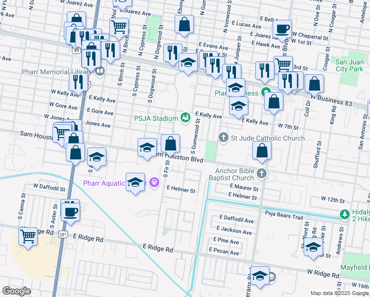 map of restaurants, bars, coffee shops, grocery stores, and more near 703 East Sam Houston Boulevard in Pharr