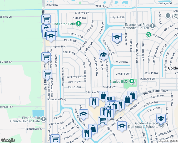 map of restaurants, bars, coffee shops, grocery stores, and more near 2243 Hunter Boulevard in Naples