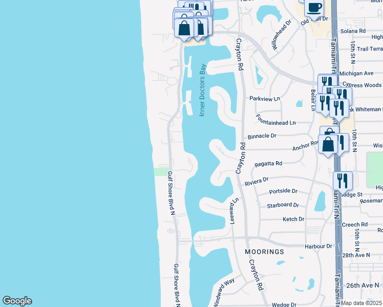 map of restaurants, bars, coffee shops, grocery stores, and more near 3400 Gulf Shore Boulevard North in Naples