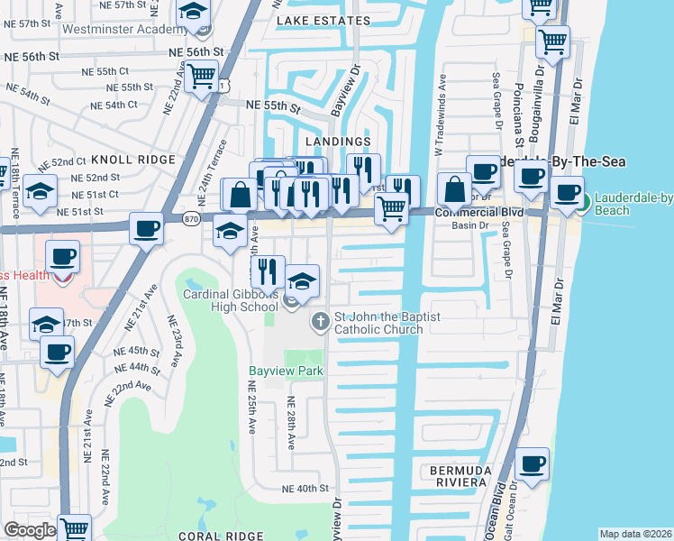 map of restaurants, bars, coffee shops, grocery stores, and more near 3001 Northeast 47th Court in Fort Lauderdale