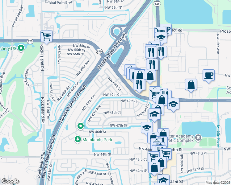 map of restaurants, bars, coffee shops, grocery stores, and more near 4740 Northwest 49th Court in Tamarac
