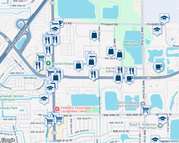 map of restaurants, bars, coffee shops, grocery stores, and more near 3601 West Commercial Boulevard in Fort Lauderdale