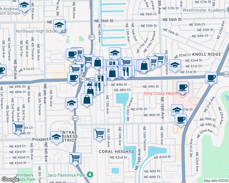map of restaurants, bars, coffee shops, grocery stores, and more near 1360 Northeast 48th Court in Oakland Park