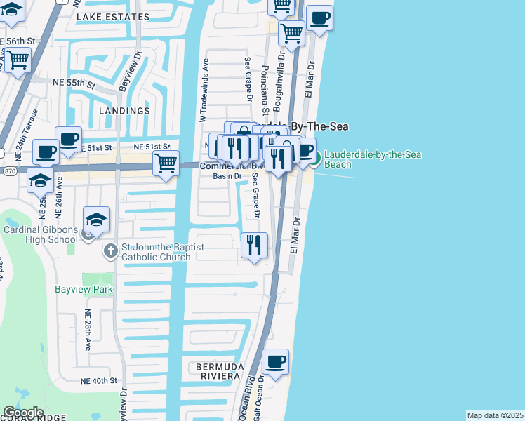 map of restaurants, bars, coffee shops, grocery stores, and more near 4229 Sea Grape Drive in Lauderdale-by-the-Sea