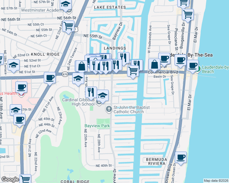 map of restaurants, bars, coffee shops, grocery stores, and more near 3001 Northeast 47th Court in Fort Lauderdale
