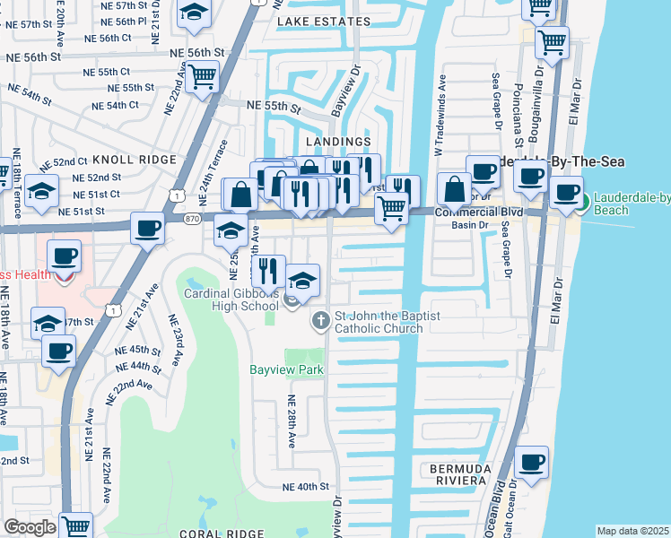 map of restaurants, bars, coffee shops, grocery stores, and more near 3001 Northeast 47th Court in Fort Lauderdale