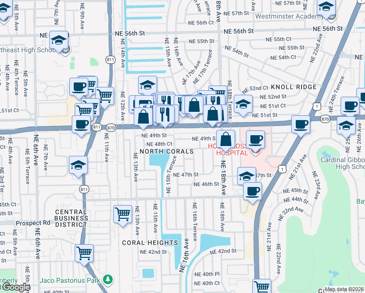 map of restaurants, bars, coffee shops, grocery stores, and more near 1598 Northeast 48th Court in Oakland Park