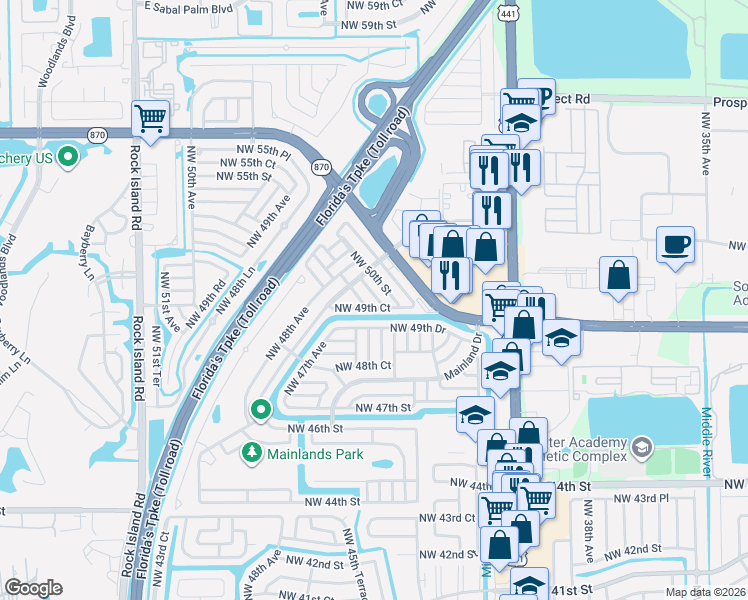 map of restaurants, bars, coffee shops, grocery stores, and more near 4740 Northwest 49th Court in Tamarac