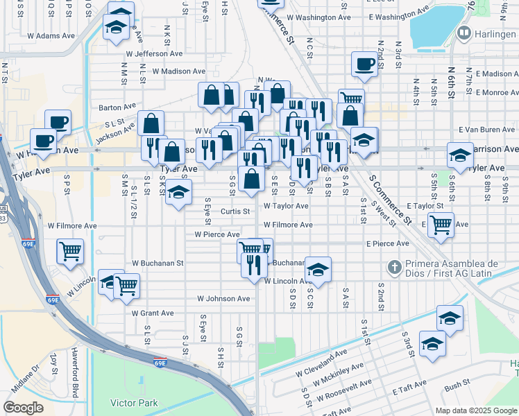 map of restaurants, bars, coffee shops, grocery stores, and more near 703 Curtis Street in Harlingen
