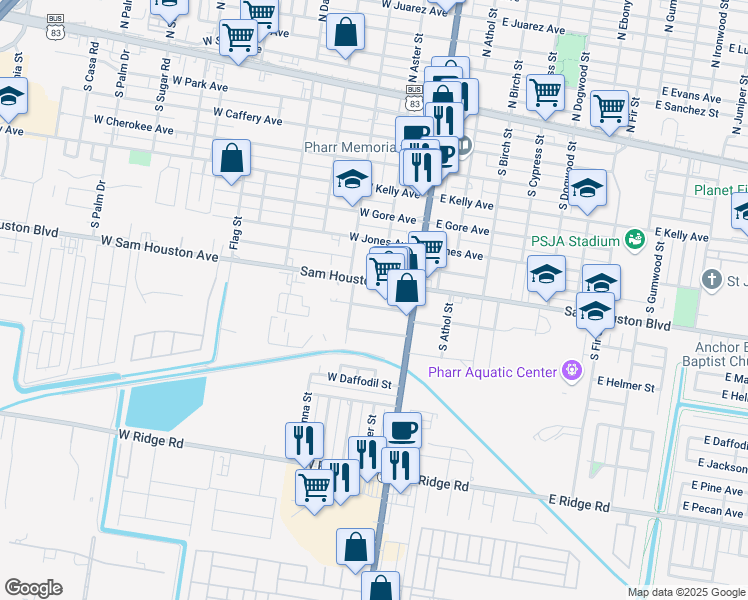 map of restaurants, bars, coffee shops, grocery stores, and more near 207 West Leslie Street in Pharr