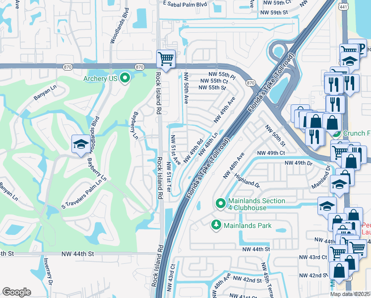 map of restaurants, bars, coffee shops, grocery stores, and more near 4922 Northwest 49th Road in Tamarac