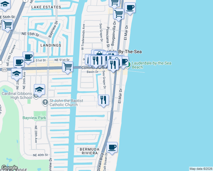 map of restaurants, bars, coffee shops, grocery stores, and more near 4244 Seagrape Drive in Lauderdale-by-the-Sea