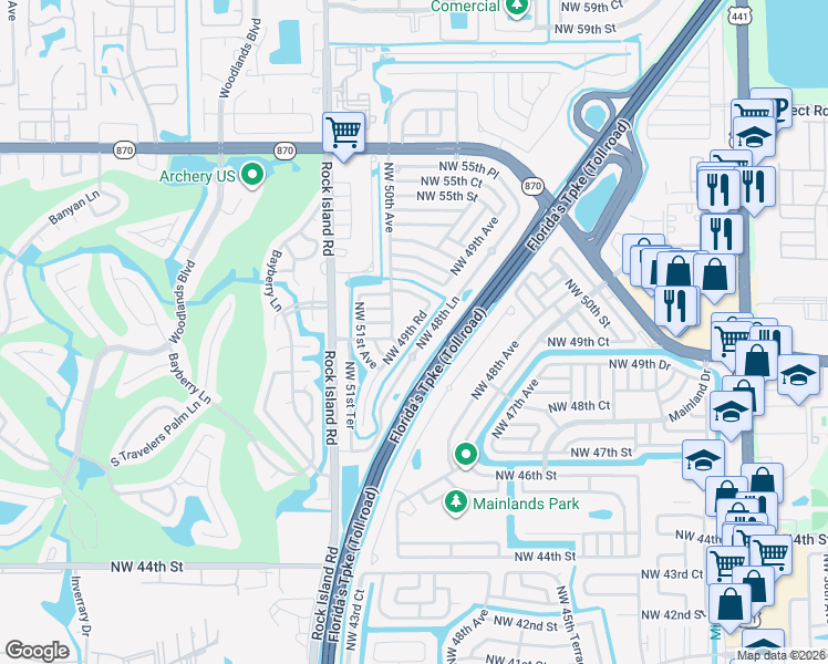 map of restaurants, bars, coffee shops, grocery stores, and more near 4922 Northwest 49th Road in Tamarac