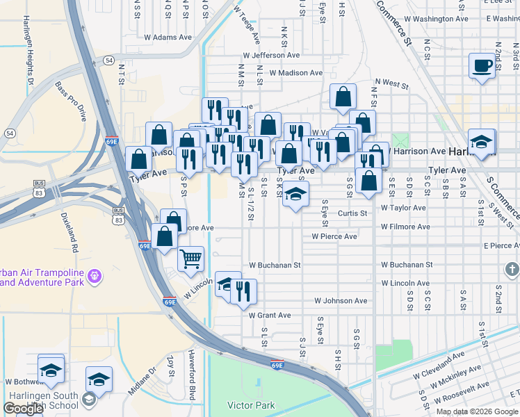 map of restaurants, bars, coffee shops, grocery stores, and more near 626 South K Street in Harlingen