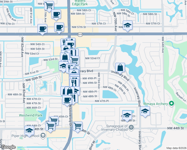 map of restaurants, bars, coffee shops, grocery stores, and more near 7389 Northwest 49th Place in Lauderhill