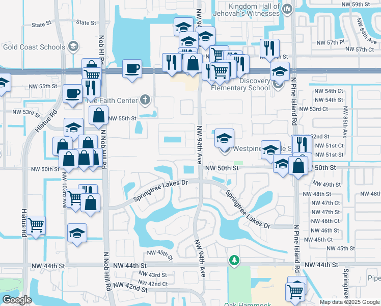 map of restaurants, bars, coffee shops, grocery stores, and more near 9424 Northwest 49th Place in Sunrise
