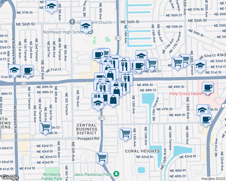 map of restaurants, bars, coffee shops, grocery stores, and more near 1072 Northeast 48th Court in Oakland Park