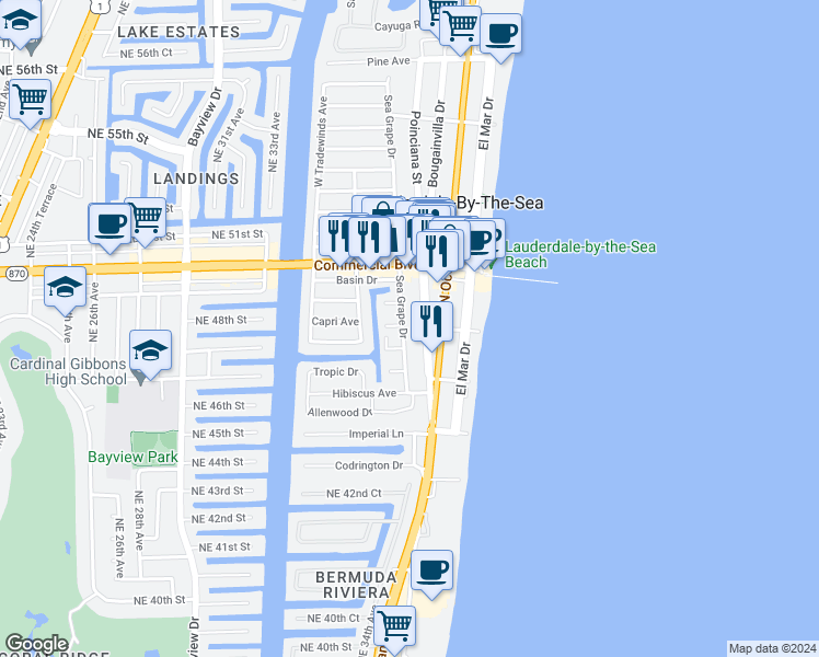 map of restaurants, bars, coffee shops, grocery stores, and more near 4229 Sea Grape Drive in Lauderdale-by-the-Sea