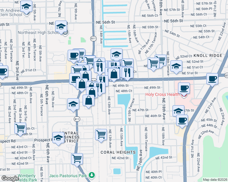 map of restaurants, bars, coffee shops, grocery stores, and more near 4830 Northeast 48th Court in Oakland Park