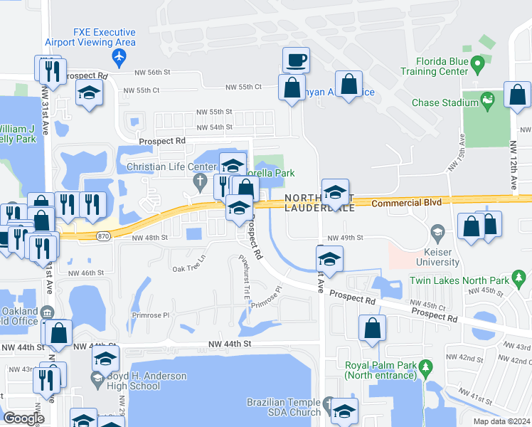 map of restaurants, bars, coffee shops, grocery stores, and more near 4950 Prospect Road in Fort Lauderdale