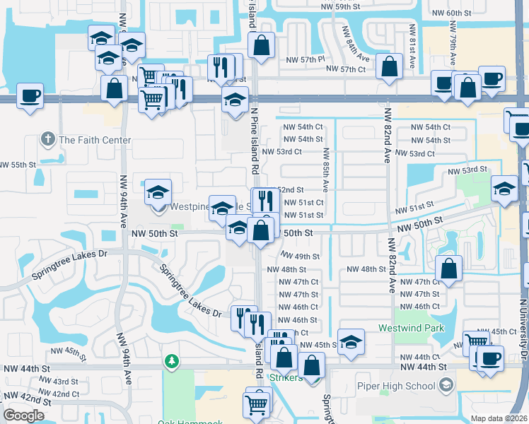 map of restaurants, bars, coffee shops, grocery stores, and more near in Sunrise