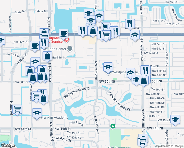 map of restaurants, bars, coffee shops, grocery stores, and more near 9424 Northwest 49th Place in Sunrise
