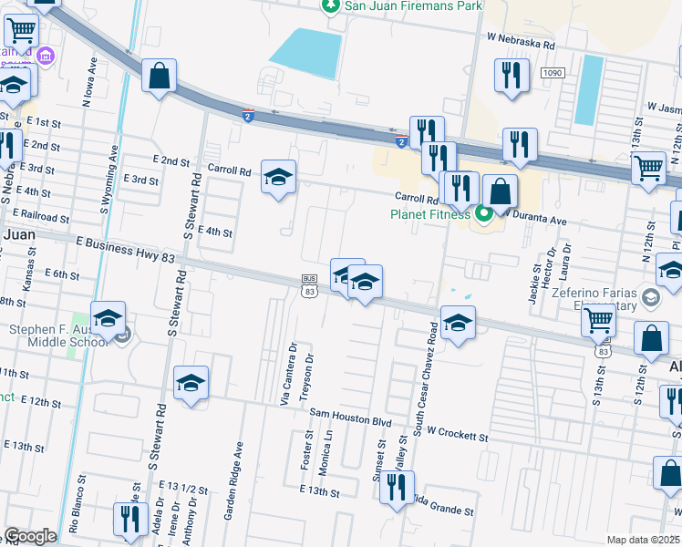 map of restaurants, bars, coffee shops, grocery stores, and more near 1101 East Railroad Street in San Juan