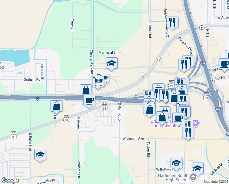 map of restaurants, bars, coffee shops, grocery stores, and more near 3568 Jefferson Valley Fair in Harlingen