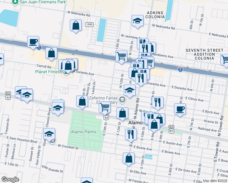 map of restaurants, bars, coffee shops, grocery stores, and more near 1201 Stensbo Avenue in Alamo