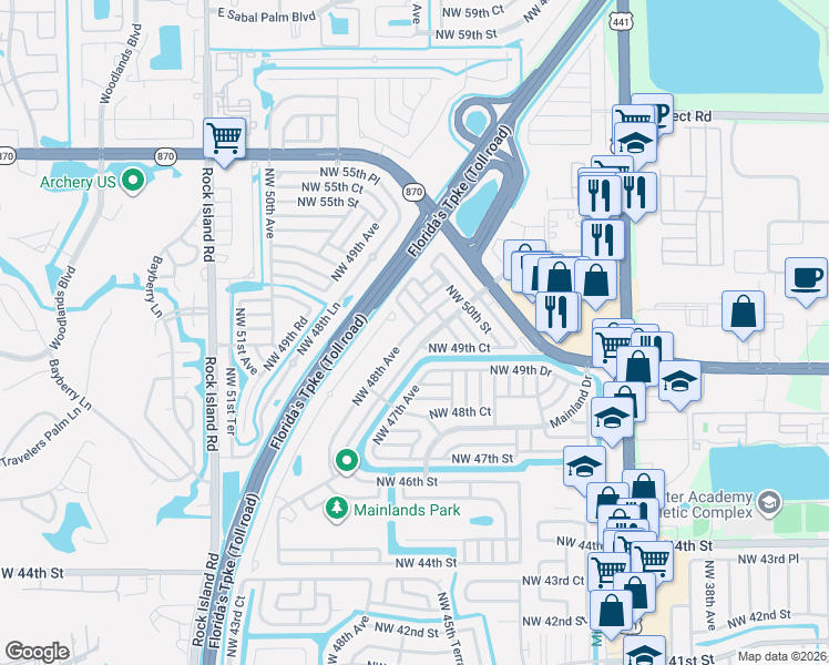 map of restaurants, bars, coffee shops, grocery stores, and more near 4932 Northwest 48th Avenue in Tamarac