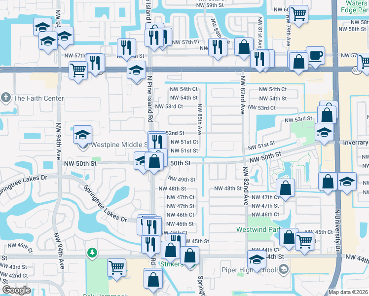 map of restaurants, bars, coffee shops, grocery stores, and more near 8540 Northwest 51st Street in Lauderhill