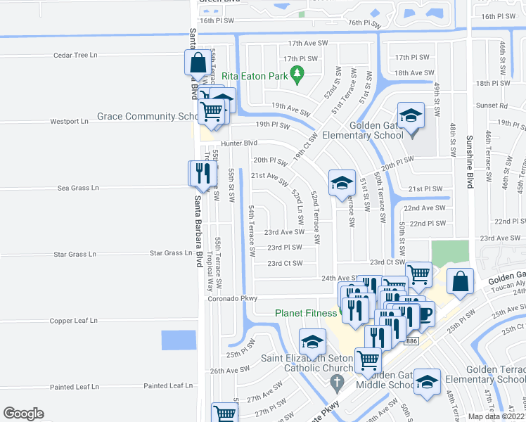 map of restaurants, bars, coffee shops, grocery stores, and more near 5400 22nd Avenue Southwest in Naples